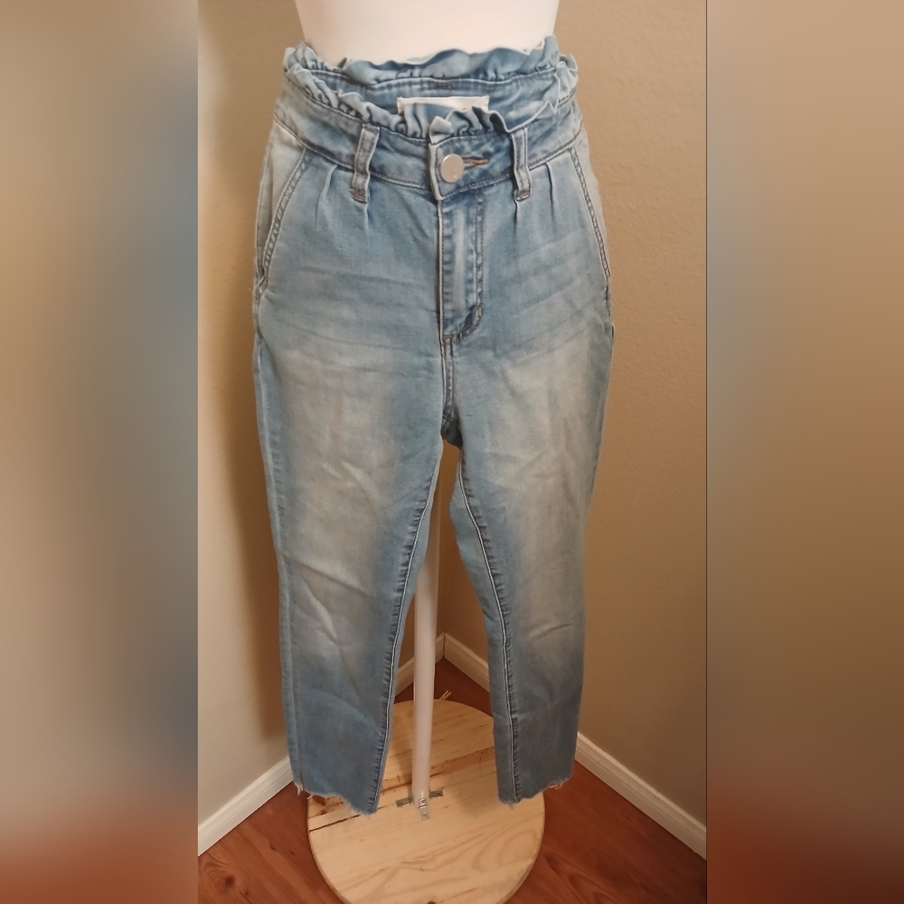 Ashley Mason Light Blue Denim Jeans Paperbag High Rise Skinny Raw Hem